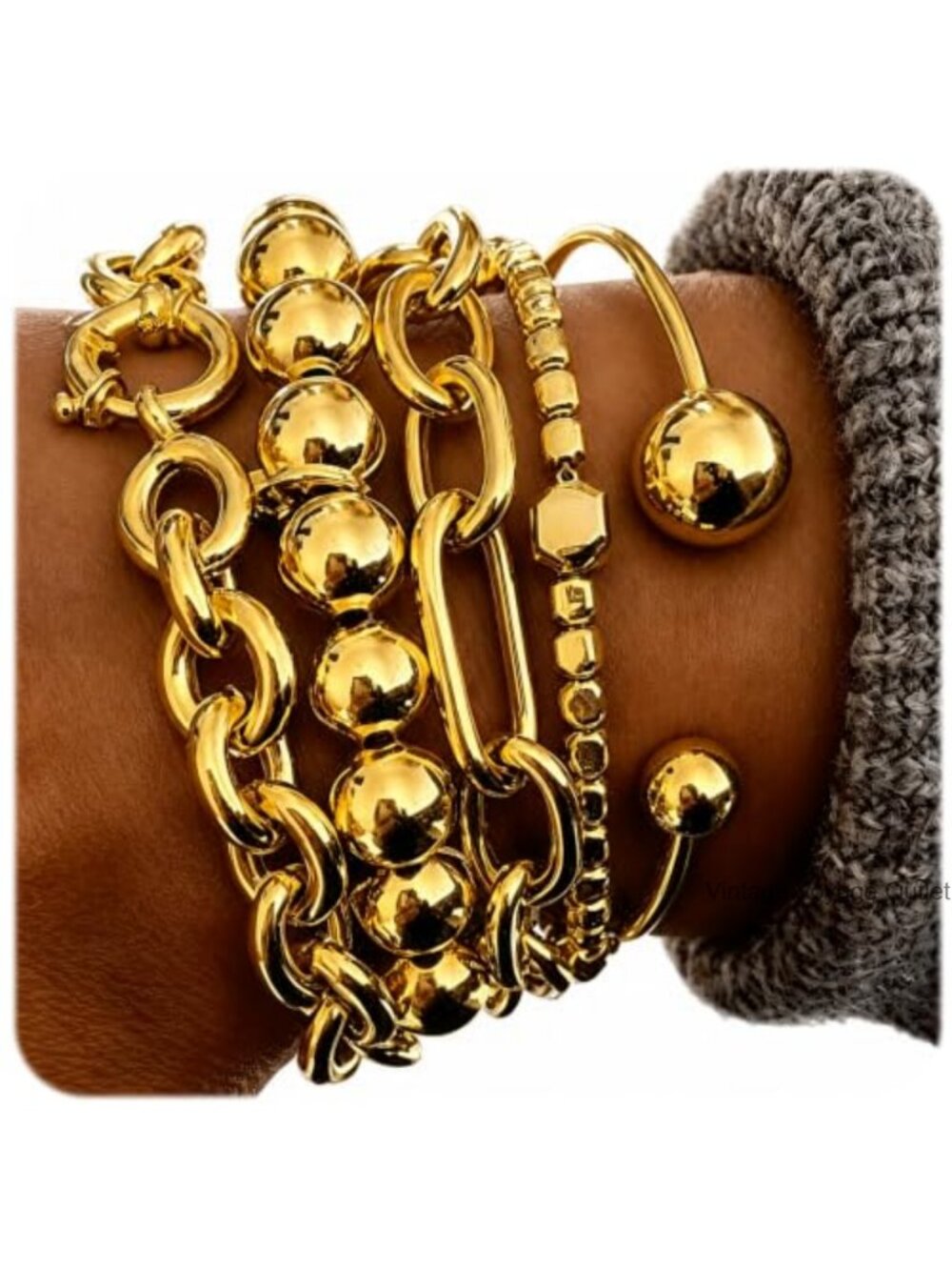Gold Plated Stackable Bracelet Set 5 PC Chunky Bangle